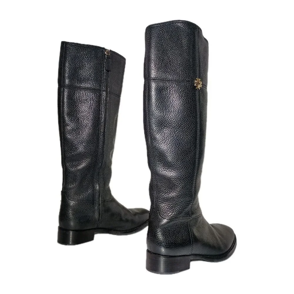 Tory Burch Jolie Riding Boots Shoes Womens Size 8M Black Grain Pebbled Leather